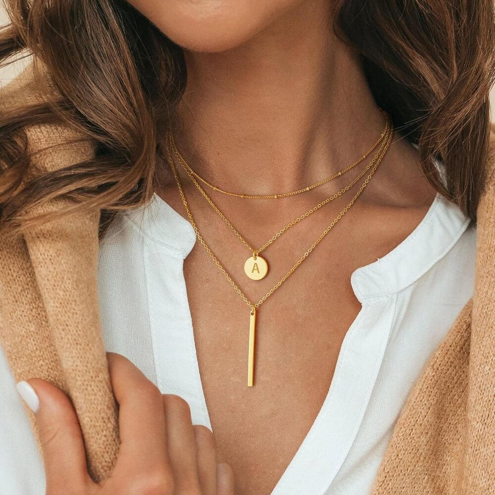 Initial Layered Necklaces for Women, 14K-Gold-Plated Coin Letter Necklace Bar St - Picture 2 of 7